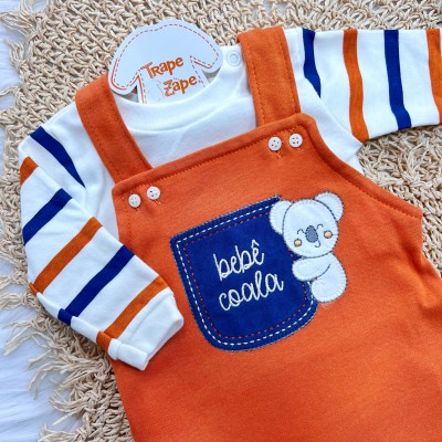 Conj. Body Manga Longa e Jardineira Bebê Coala - Ferrugem, Off White e Marinho